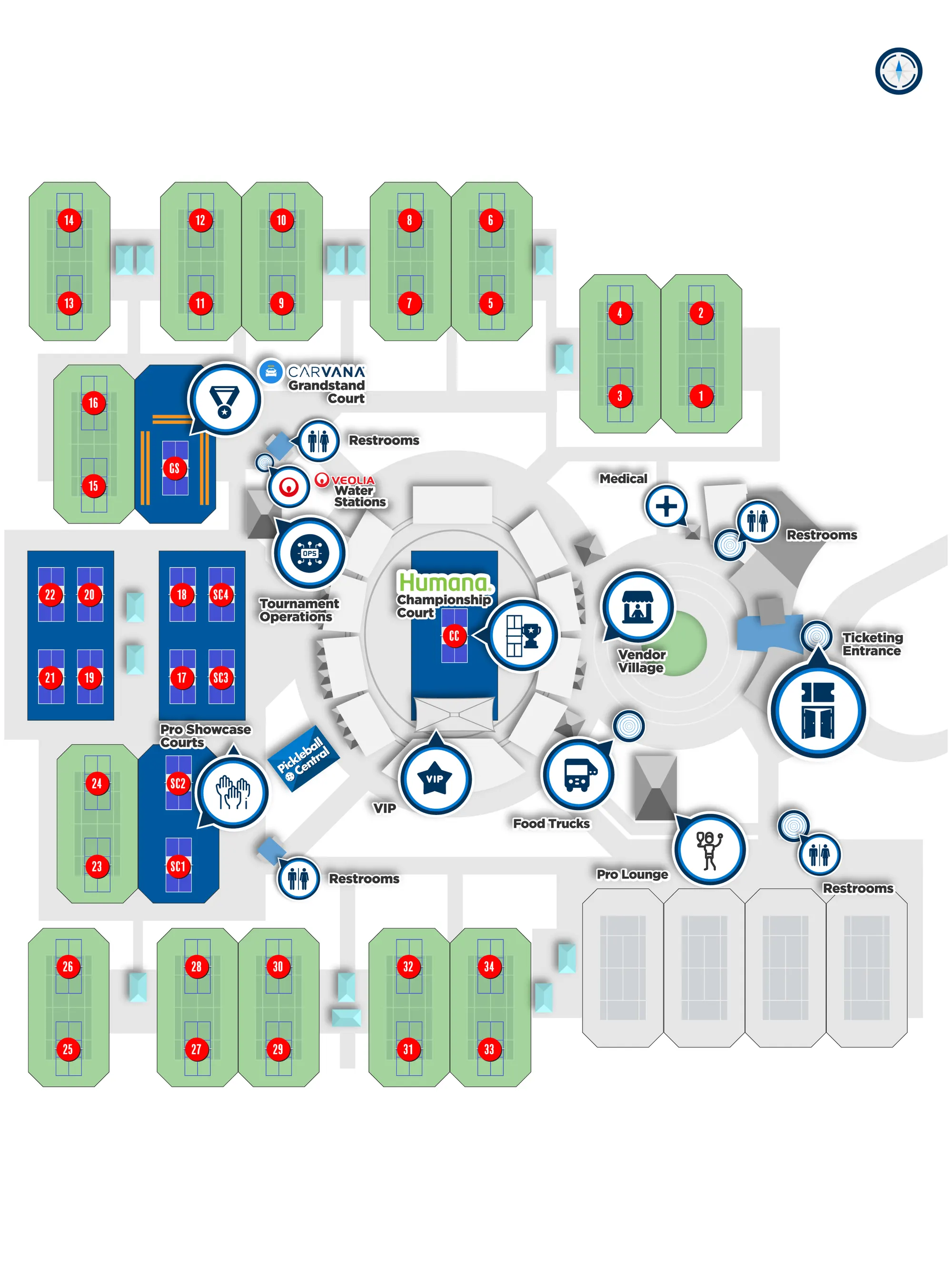 Darling Tennis Center grounds map — courts, entry, parking and amenities