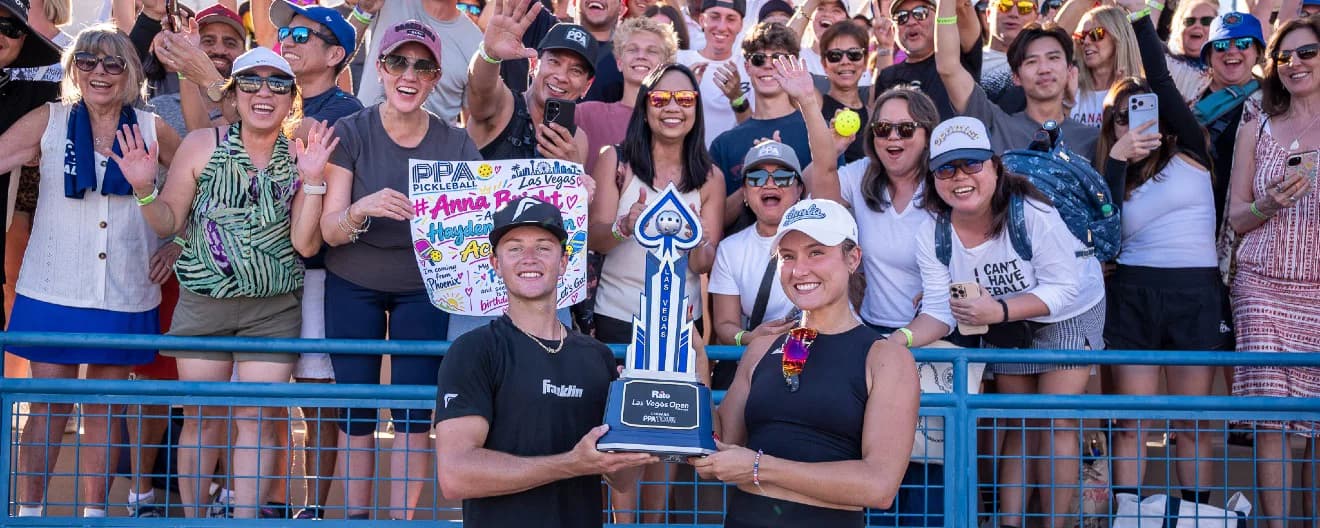 Anna Bright and Hayden Patriquin celebrating winning the mixed doubles title at the Rate Las Vegas Open presented by JOOLA.