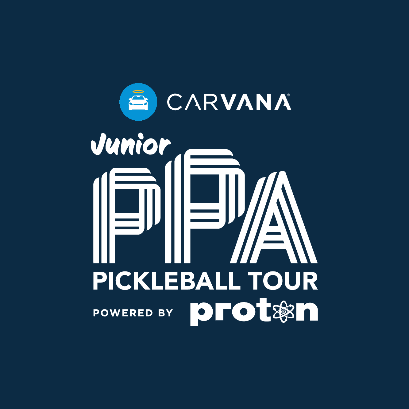 Brightly colored Junior PPA Pickleball Tour logo featuring Carvana and Proten branding on a dark blu.